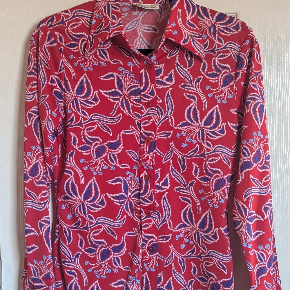 Vintage Red Floral Button-Up Shirt